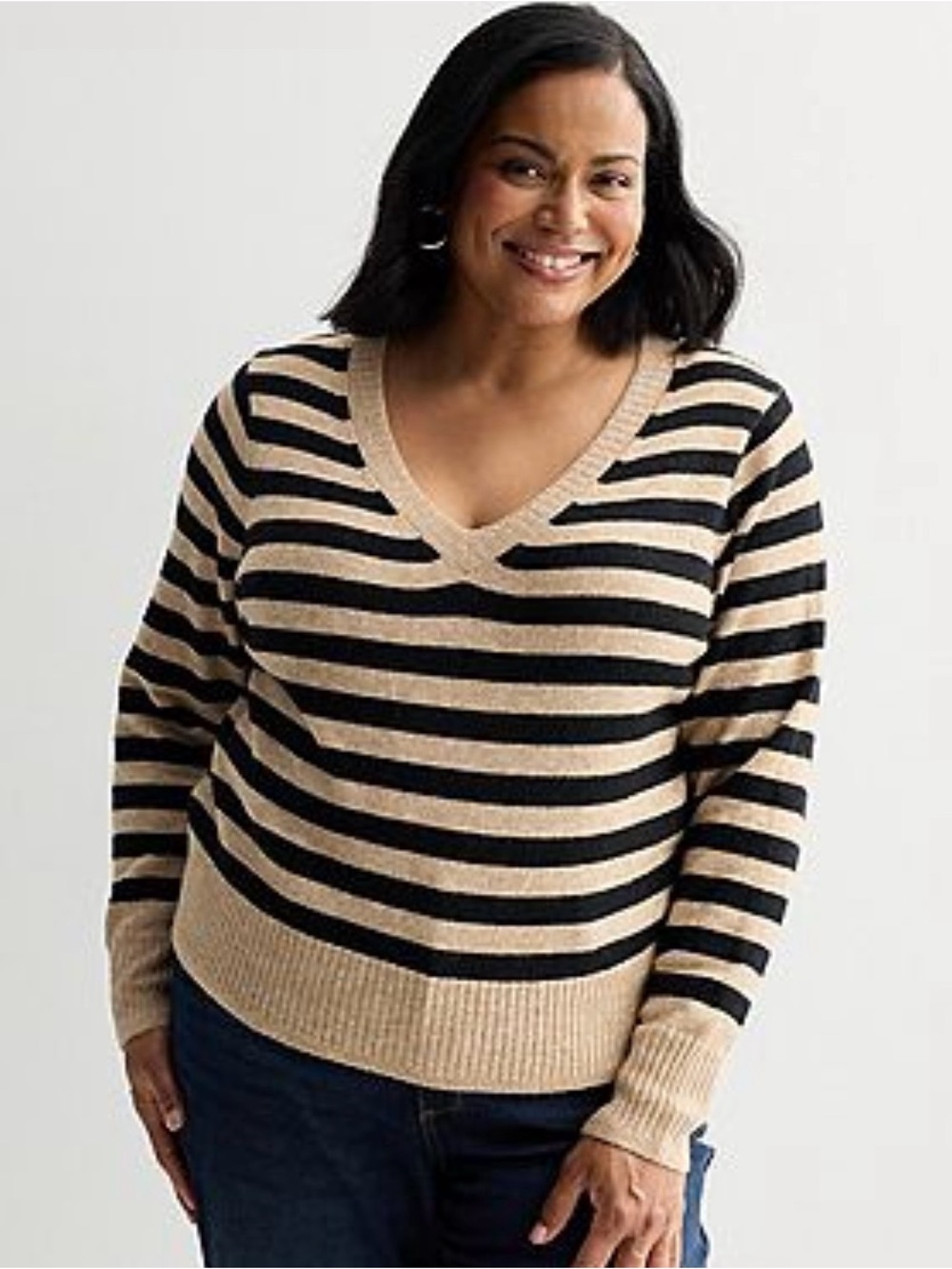 NWT Sonoma Striped V-Neck Sweater in Beige and Black